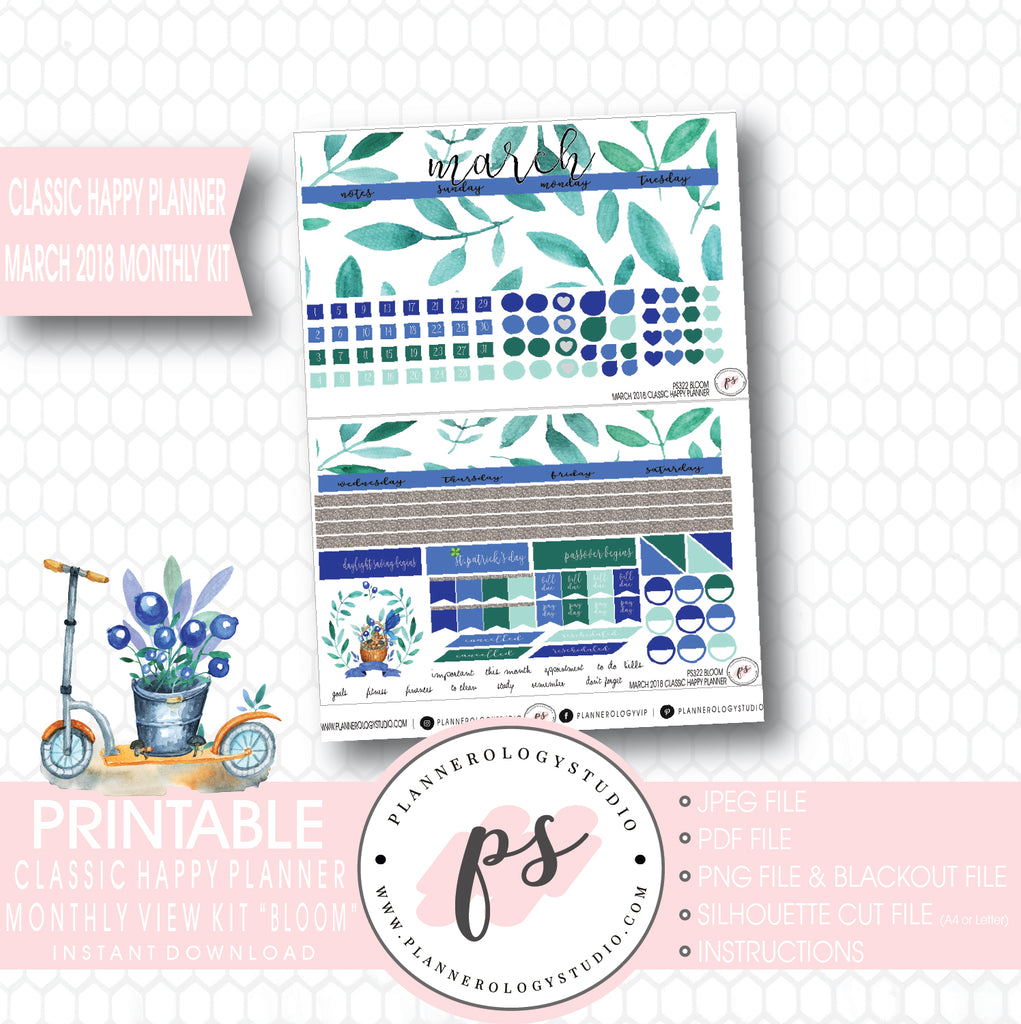 Bloom March 2018 Monthly View Kit Digital Printable Planner Stickers (for use with Classic Happy Planner) - Plannerologystudio