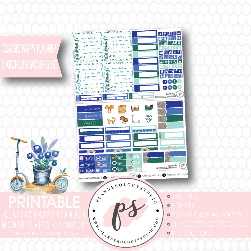Bloom March 2018 Monthly View Kit Digital Printable Planner Stickers (for use with Classic Happy Planner) - Plannerologystudio