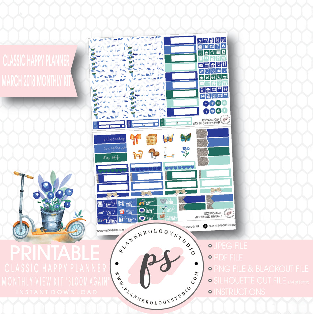 Bloom Again March 2018 Monthly View Kit Digital Printable Planner Stickers (for use with Classic Happy Planner) - Plannerologystudio