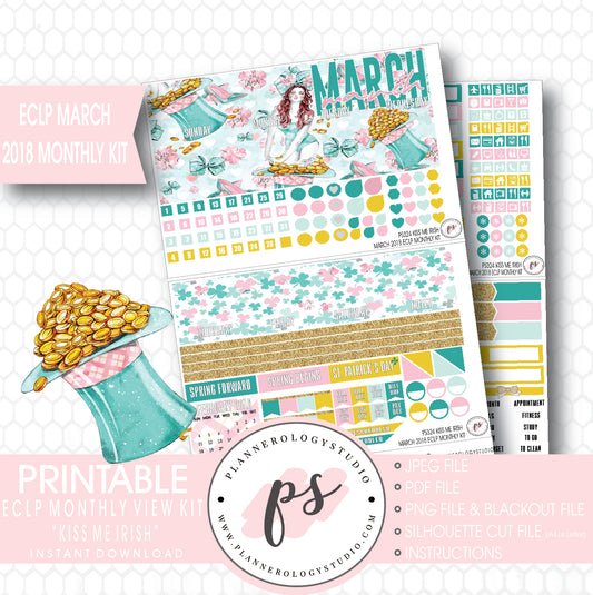 Kiss Me Irish St. Patrick's Day March 2018 Monthly View Kit Digital Printable Planner Stickers (for use with Erin Condren) - Plannerologystudio