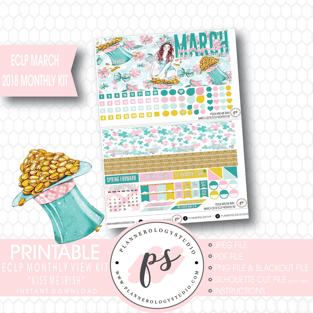 Kiss Me Irish St. Patrick's Day March 2018 Monthly View Kit Digital Printable Planner Stickers (for use with Erin Condren) - Plannerologystudio