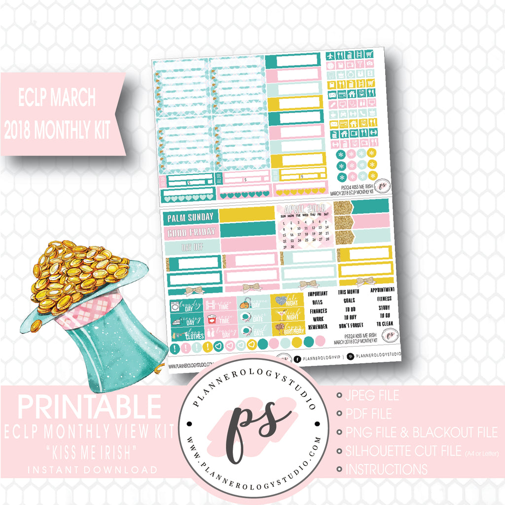 Kiss Me Irish St. Patrick's Day March 2018 Monthly View Kit Digital Printable Planner Stickers (for use with Erin Condren) - Plannerologystudio