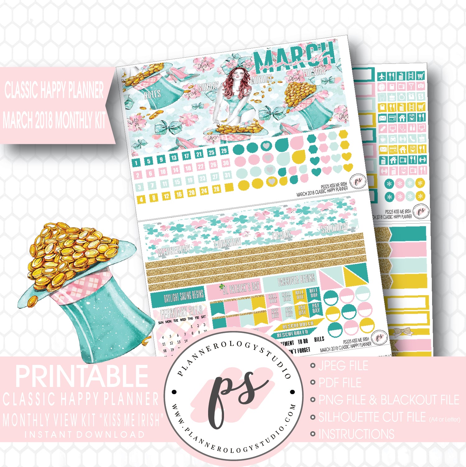Kiss Me Irish St. Patrick's Day March 2018 Monthly View Kit Digital Printable Planner Stickers (for use with Classic Happy Planner) - Plannerologystudio