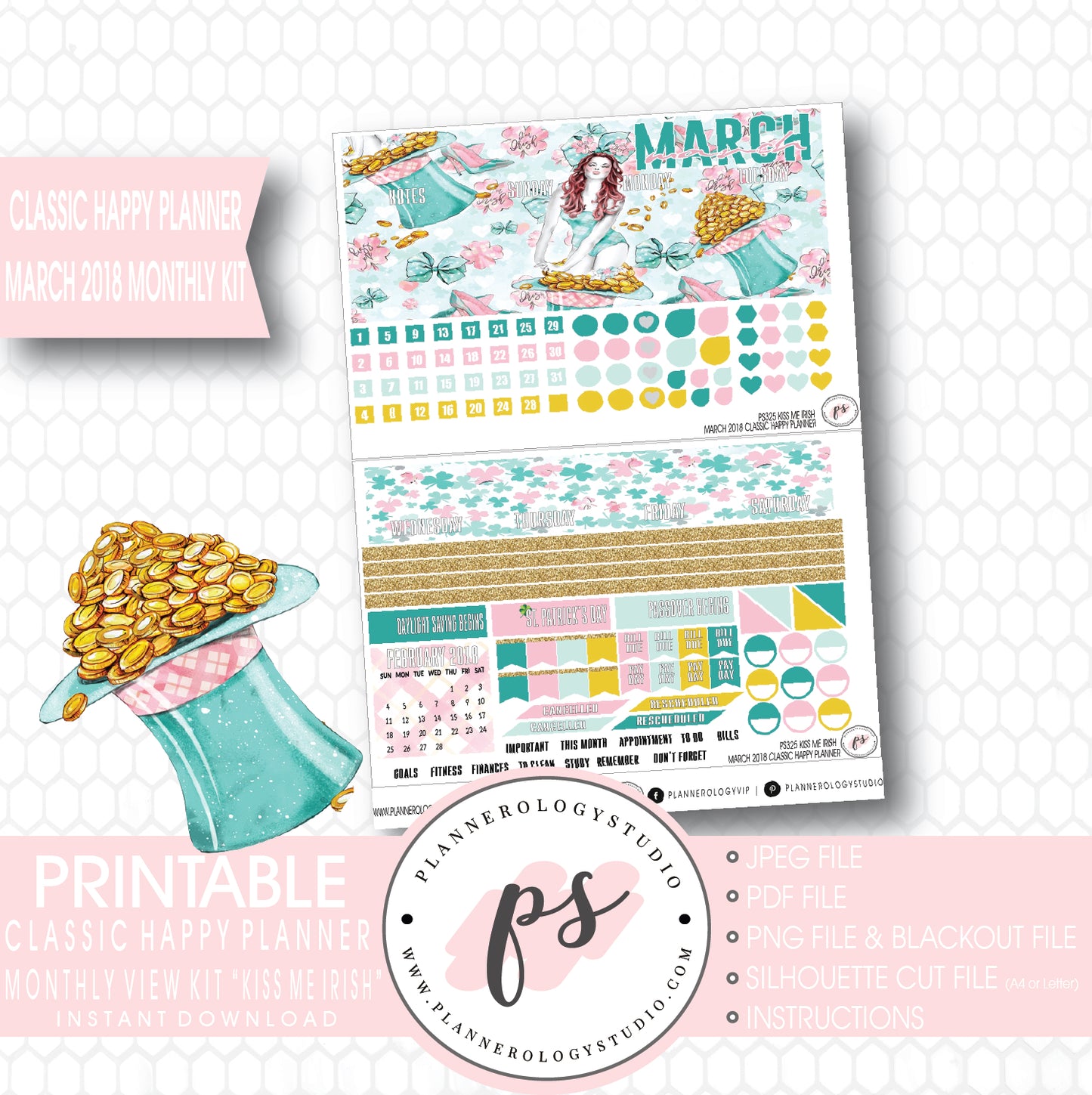 Kiss Me Irish St. Patrick's Day March 2018 Monthly View Kit Digital Printable Planner Stickers (for use with Classic Happy Planner) - Plannerologystudio