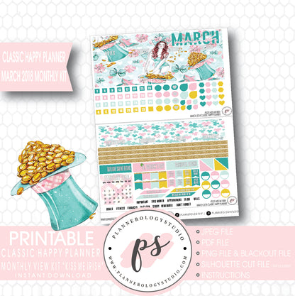 Kiss Me Irish St. Patrick's Day March 2018 Monthly View Kit Digital Printable Planner Stickers (for use with Classic Happy Planner) - Plannerologystudio