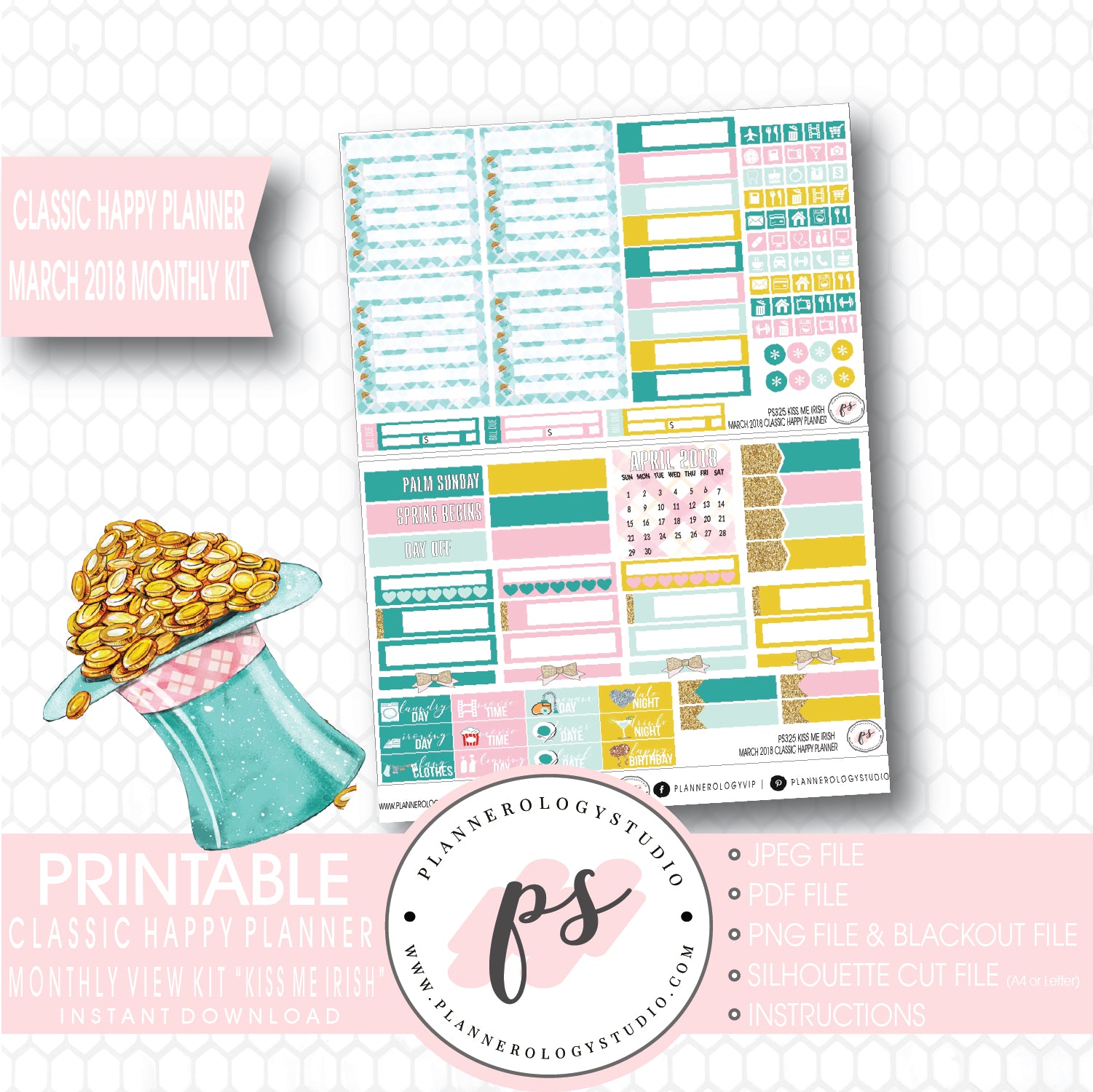 Kiss Me Irish St. Patrick's Day March 2018 Monthly View Kit Digital Printable Planner Stickers (for use with Classic Happy Planner) - Plannerologystudio