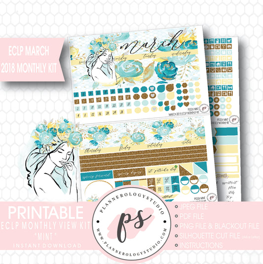 Mint March 2018 Monthly View Kit Digital Printable Planner Stickers (for use with Erin Condren) - Plannerologystudio