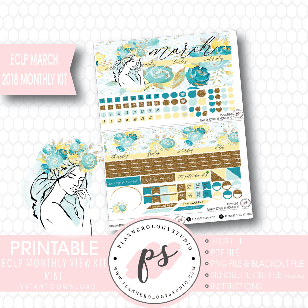 Mint March 2018 Monthly View Kit Digital Printable Planner Stickers (for use with Erin Condren) - Plannerologystudio
