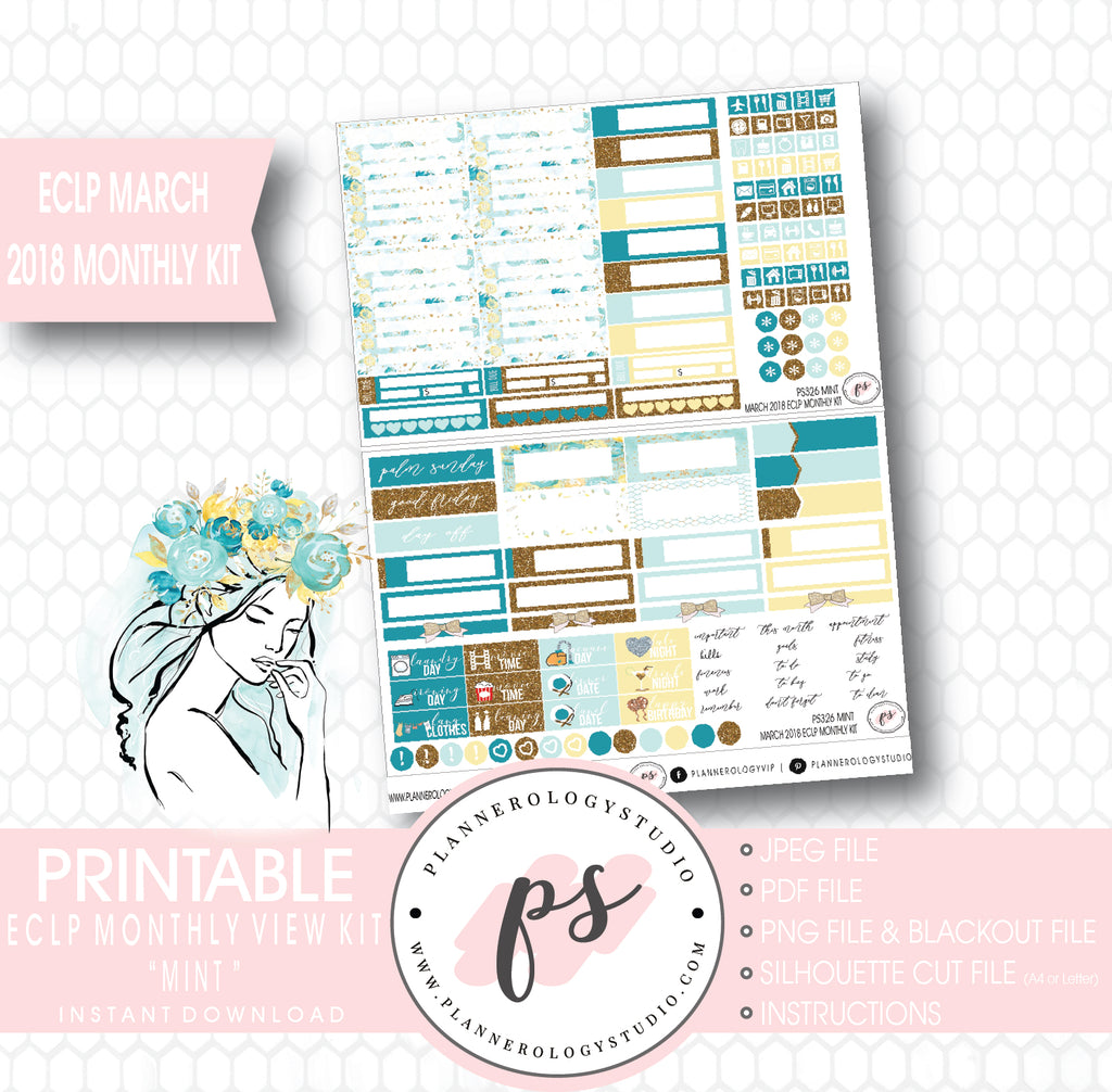 Mint March 2018 Monthly View Kit Digital Printable Planner Stickers (for use with Erin Condren) - Plannerologystudio