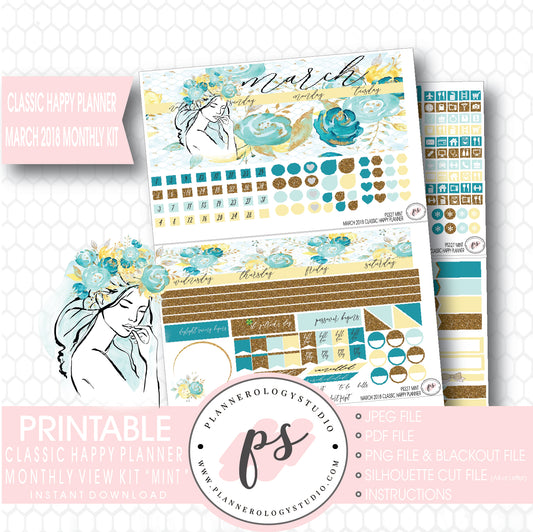 Mint March 2018 Monthly View Kit Digital Printable Planner Stickers (for use with Classic Happy Planner) - Plannerologystudio