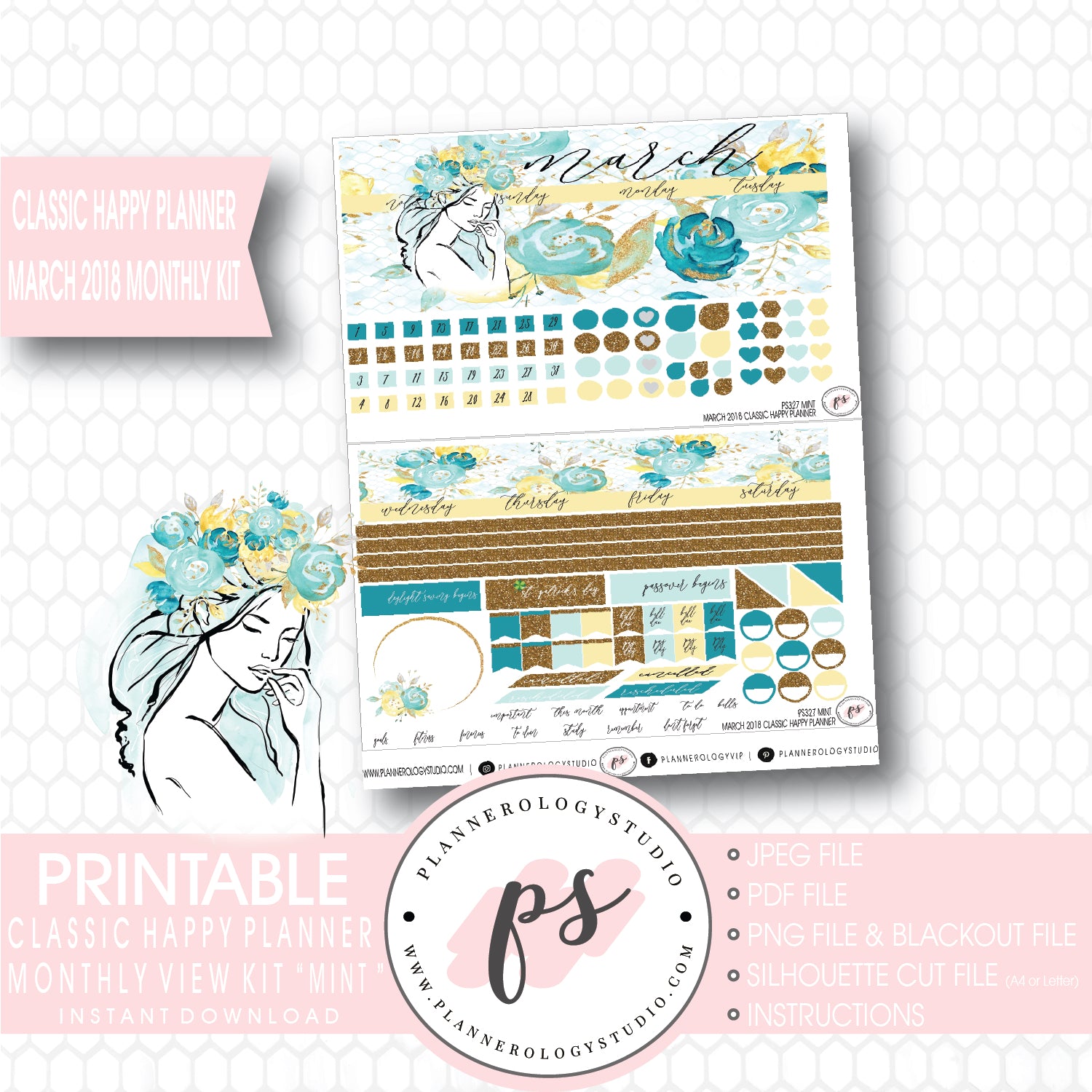 Mint March 2018 Monthly View Kit Digital Printable Planner Stickers (for use with Classic Happy Planner) - Plannerologystudio