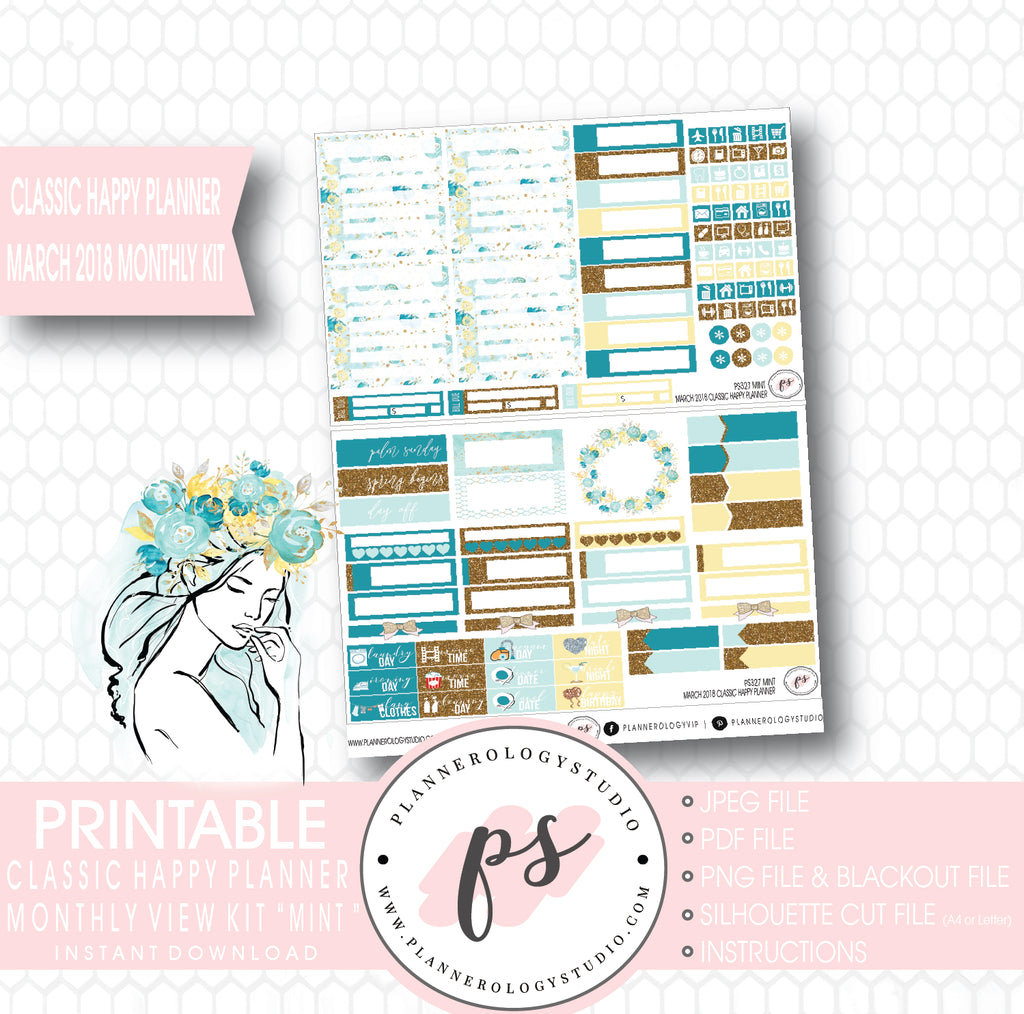 Mint March 2018 Monthly View Kit Digital Printable Planner Stickers (for use with Classic Happy Planner) - Plannerologystudio