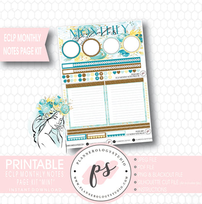 Mint Monthly Notes Page Kit Digital Printable Planner Stickers (for use with ECLP) - Plannerologystudio