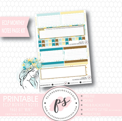 Mint Monthly Notes Page Kit Digital Printable Planner Stickers (for use with ECLP) - Plannerologystudio