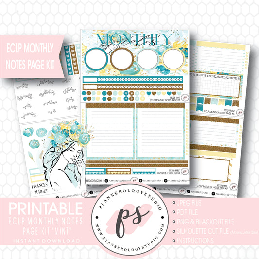 Mint Monthly Notes Page Kit Digital Printable Planner Stickers (for use with ECLP) - Plannerologystudio