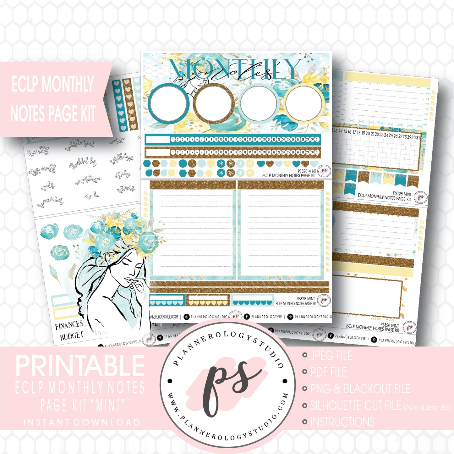 Mint Monthly Notes Page Kit Digital Printable Planner Stickers (for use with ECLP) - Plannerologystudio