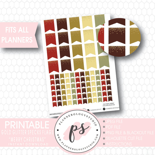 "Merry Christmas" Gold Glitter Specks Flags Printable Planner Stickers - Plannerologystudio