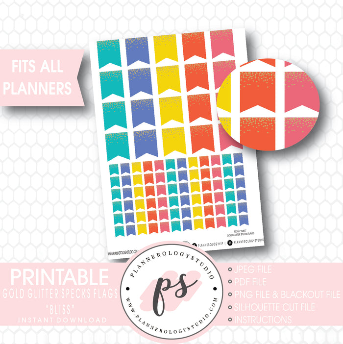"Bliss" Gold Glitter Specks Flags Printable Planner Stickers - Plannerologystudio