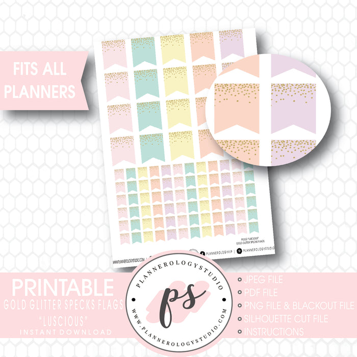 "Luscious" Gold Glitter Specks Flags Printable Planner Stickers - Plannerologystudio