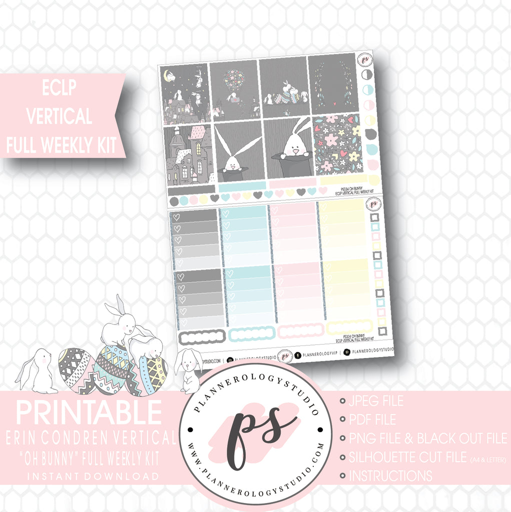 Oh Bunny Easter Full Weekly Kit Printable Planner Stickers (for use with ECLP Vertical) - Plannerologystudio