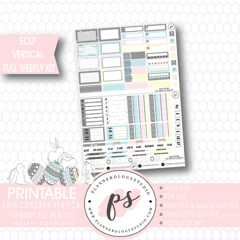 Oh Bunny Easter Full Weekly Kit Printable Planner Stickers (for use with ECLP Vertical) - Plannerologystudio