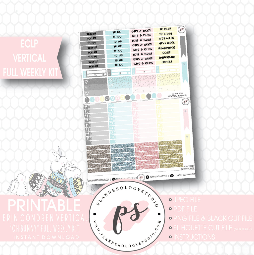 Oh Bunny Easter Full Weekly Kit Printable Planner Stickers (for use with ECLP Vertical) - Plannerologystudio