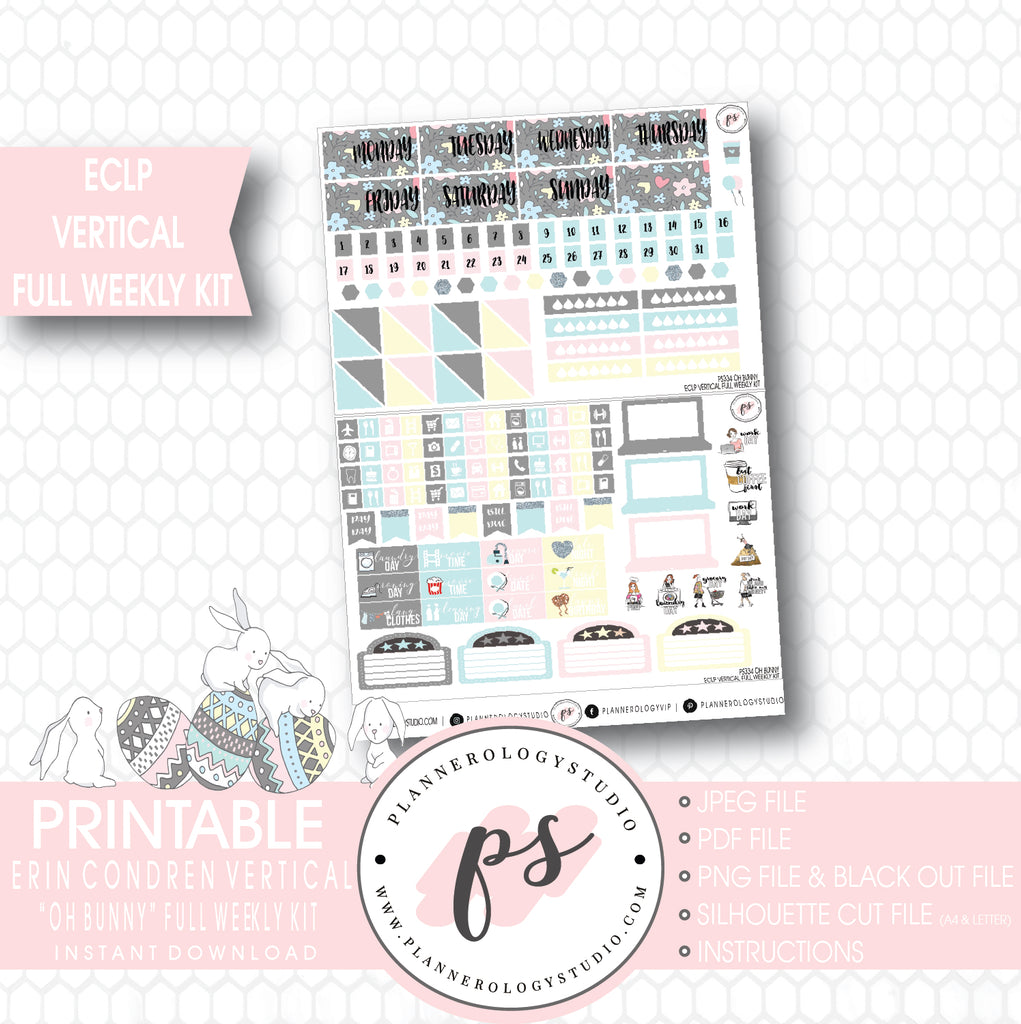 Oh Bunny Easter Full Weekly Kit Printable Planner Stickers (for use with ECLP Vertical) - Plannerologystudio