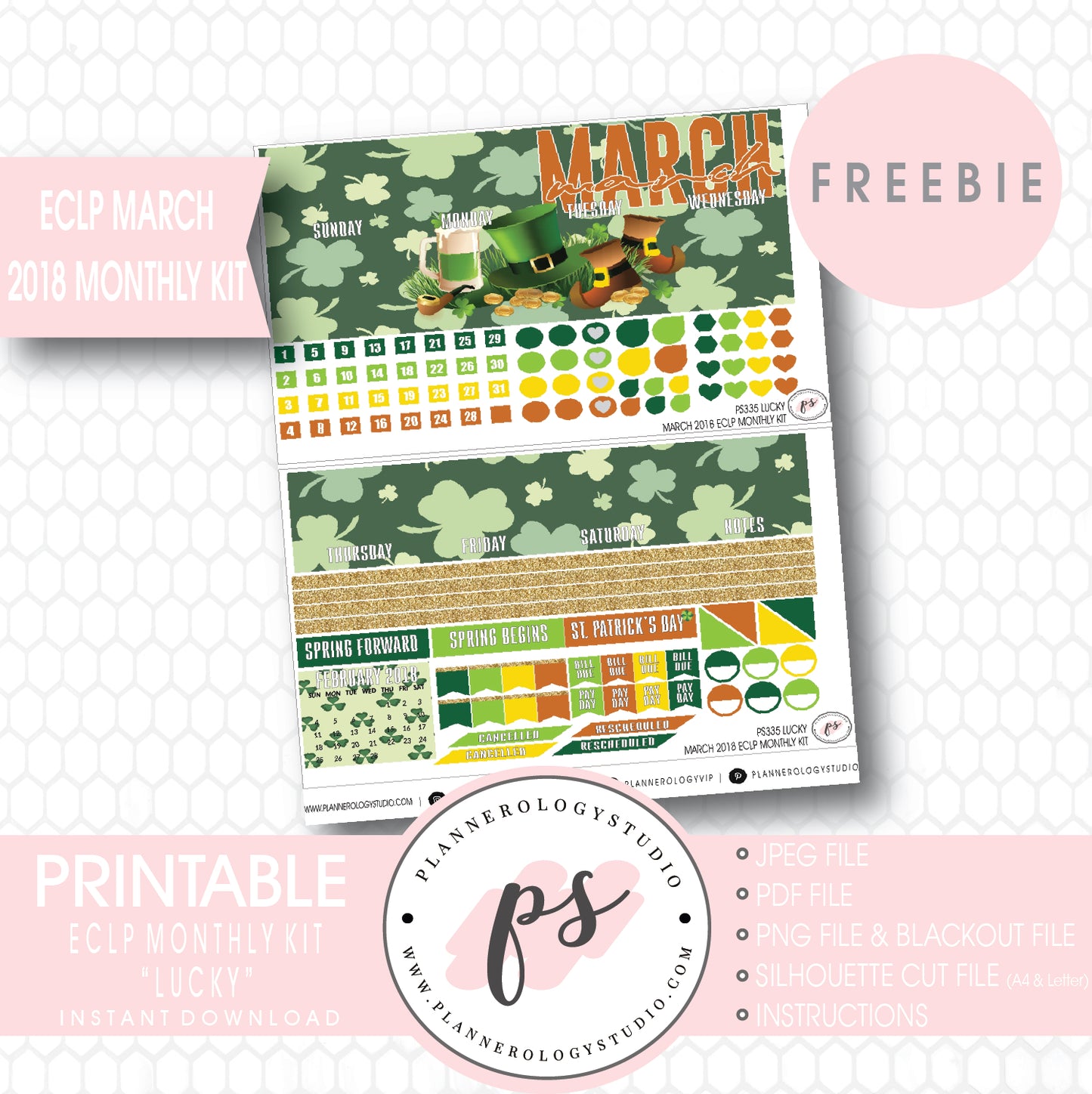 Lucky St Patrick's Day ECLP Erin Condren March 2018 Monthly Kit Digital Printable Planner Stickers (PDF/JPG/PNG/Silhouette Cut File Freebie) - Plannerologystudio
