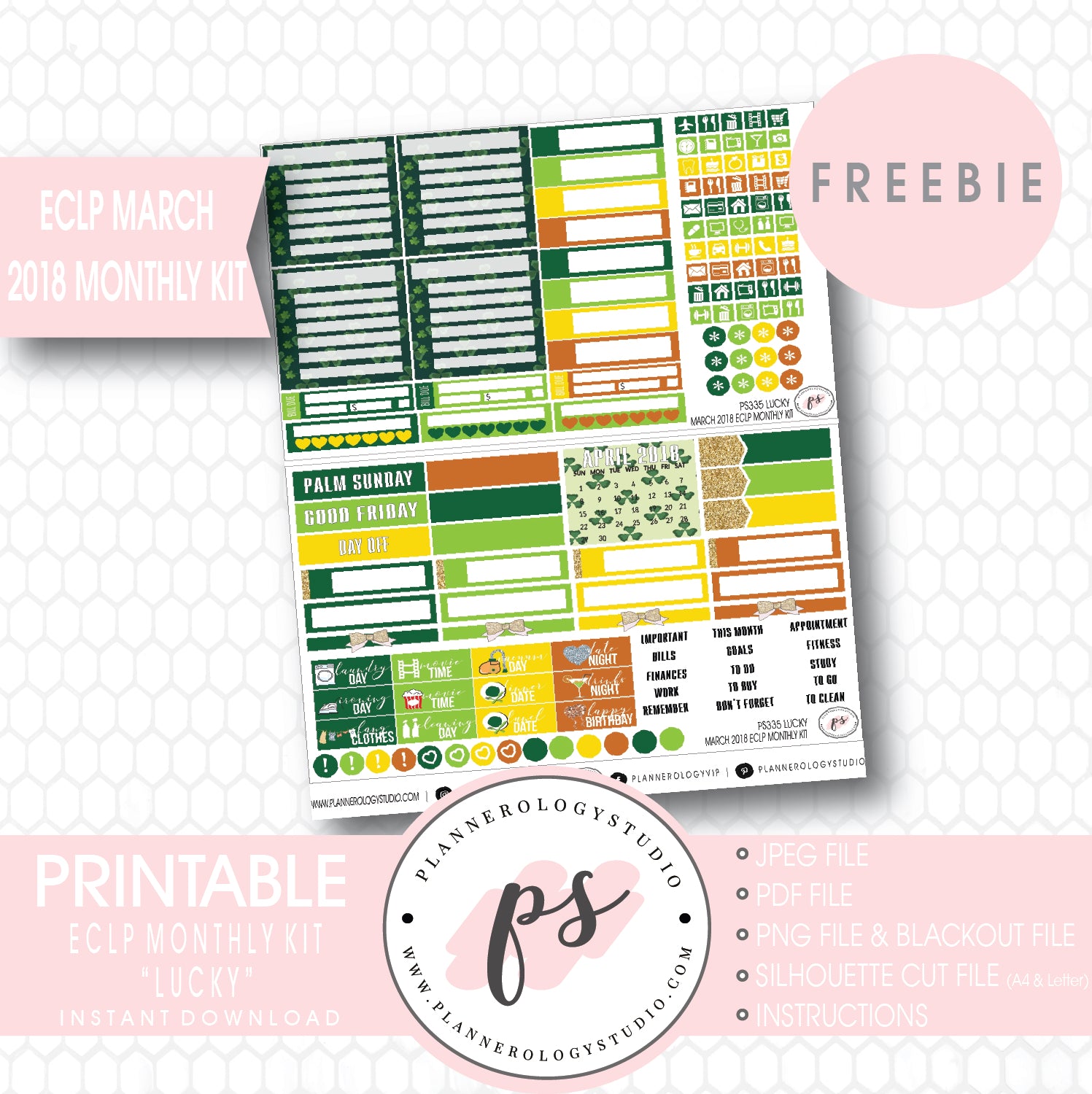 Lucky St Patrick's Day ECLP Erin Condren March 2018 Monthly Kit Digital Printable Planner Stickers (PDF/JPG/PNG/Silhouette Cut File Freebie) - Plannerologystudio