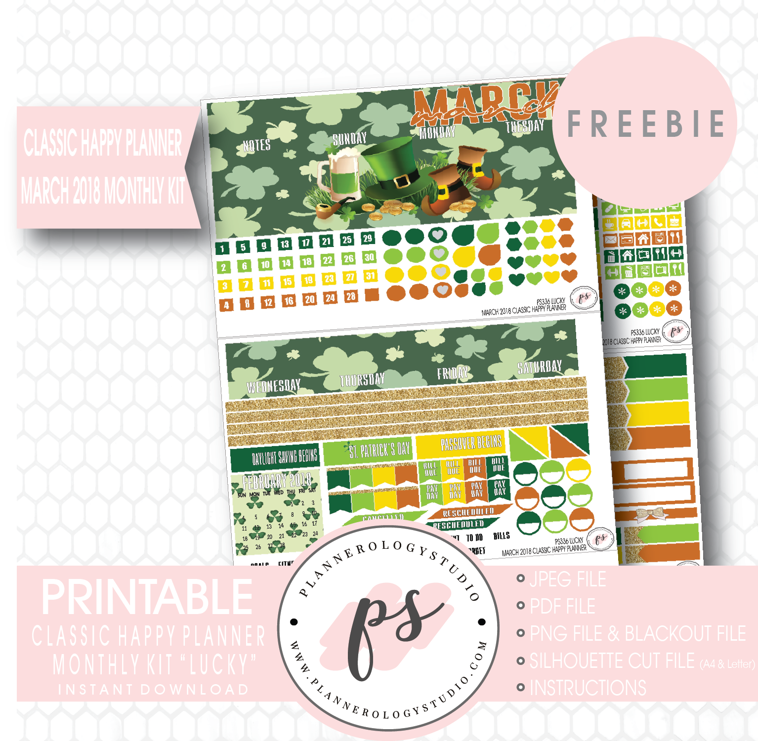 Lucky St Patrick's Day Classic Happy Planner March 2018 Monthly Kit Digital Printable Planner Stickers (PDF/JPG/PNG/Silhouette Cut File Freebie) - Plannerologystudio