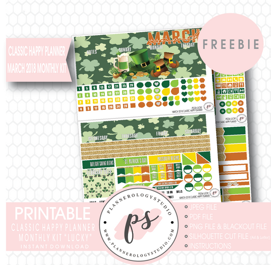 Lucky St Patrick's Day Classic Happy Planner March 2018 Monthly Kit Digital Printable Planner Stickers (PDF/JPG/PNG/Silhouette Cut File Freebie) - Plannerologystudio