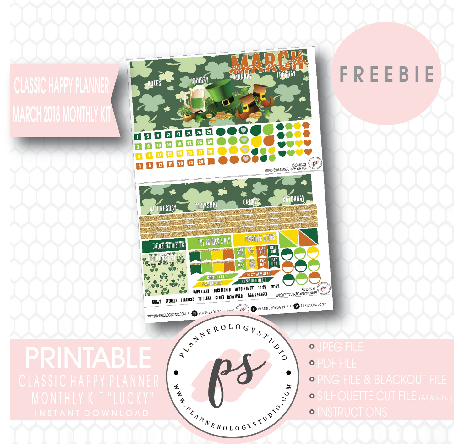 Lucky St Patrick's Day Classic Happy Planner March 2018 Monthly Kit Digital Printable Planner Stickers (PDF/JPG/PNG/Silhouette Cut File Freebie) - Plannerologystudio