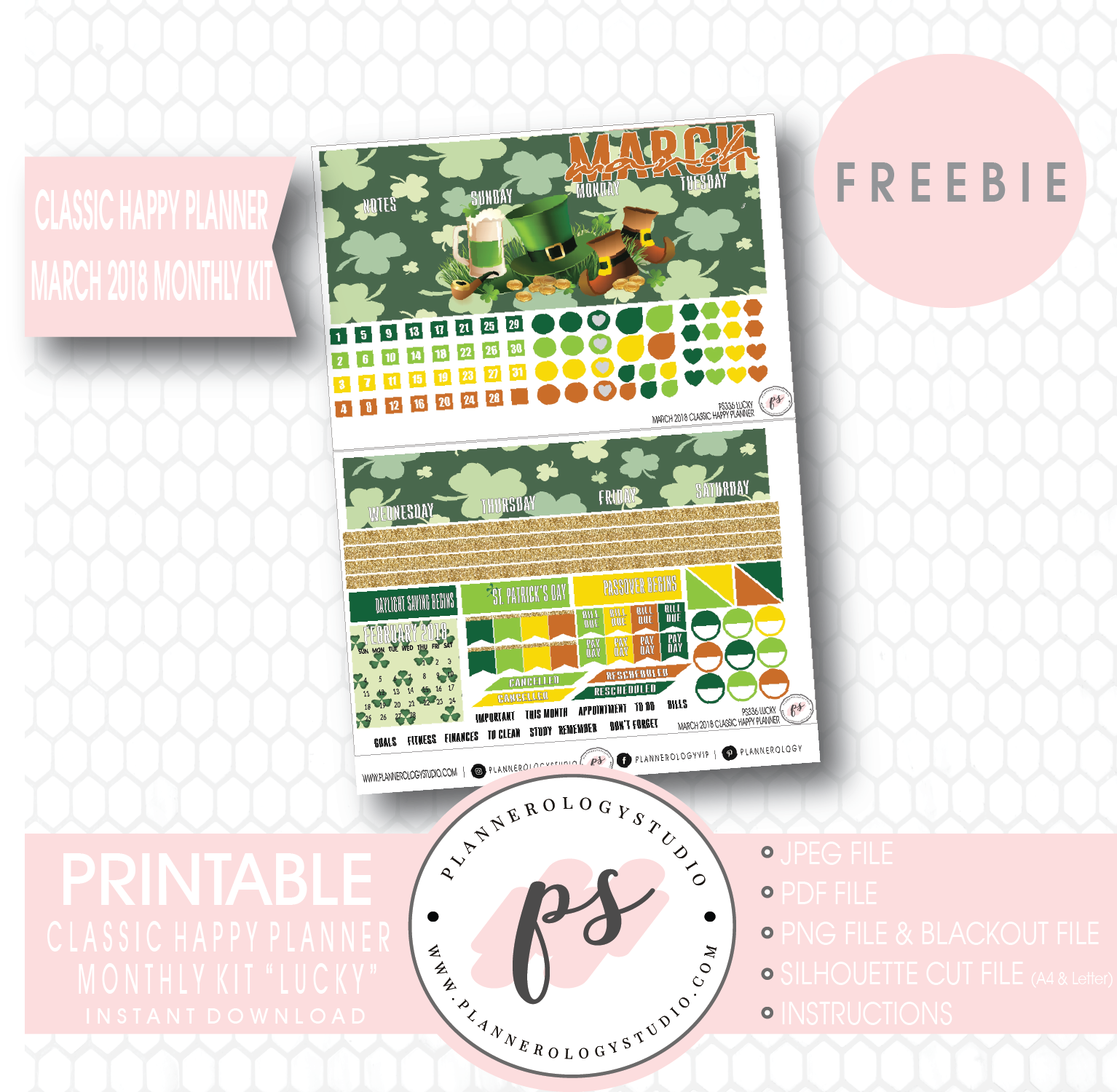 Lucky St Patrick's Day Classic Happy Planner March 2018 Monthly Kit Digital Printable Planner Stickers (PDF/JPG/PNG/Silhouette Cut File Freebie) - Plannerologystudio