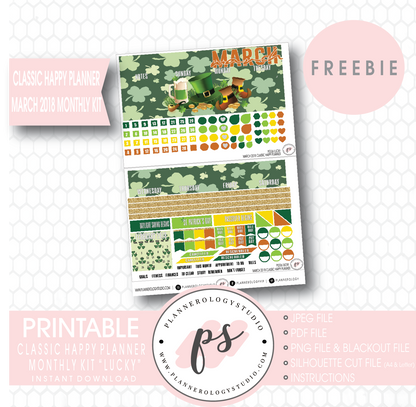 Lucky St Patrick's Day Classic Happy Planner March 2018 Monthly Kit Digital Printable Planner Stickers (PDF/JPG/PNG/Silhouette Cut File Freebie) - Plannerologystudio