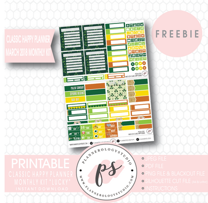 Lucky St Patrick's Day Classic Happy Planner March 2018 Monthly Kit Digital Printable Planner Stickers (PDF/JPG/PNG/Silhouette Cut File Freebie) - Plannerologystudio