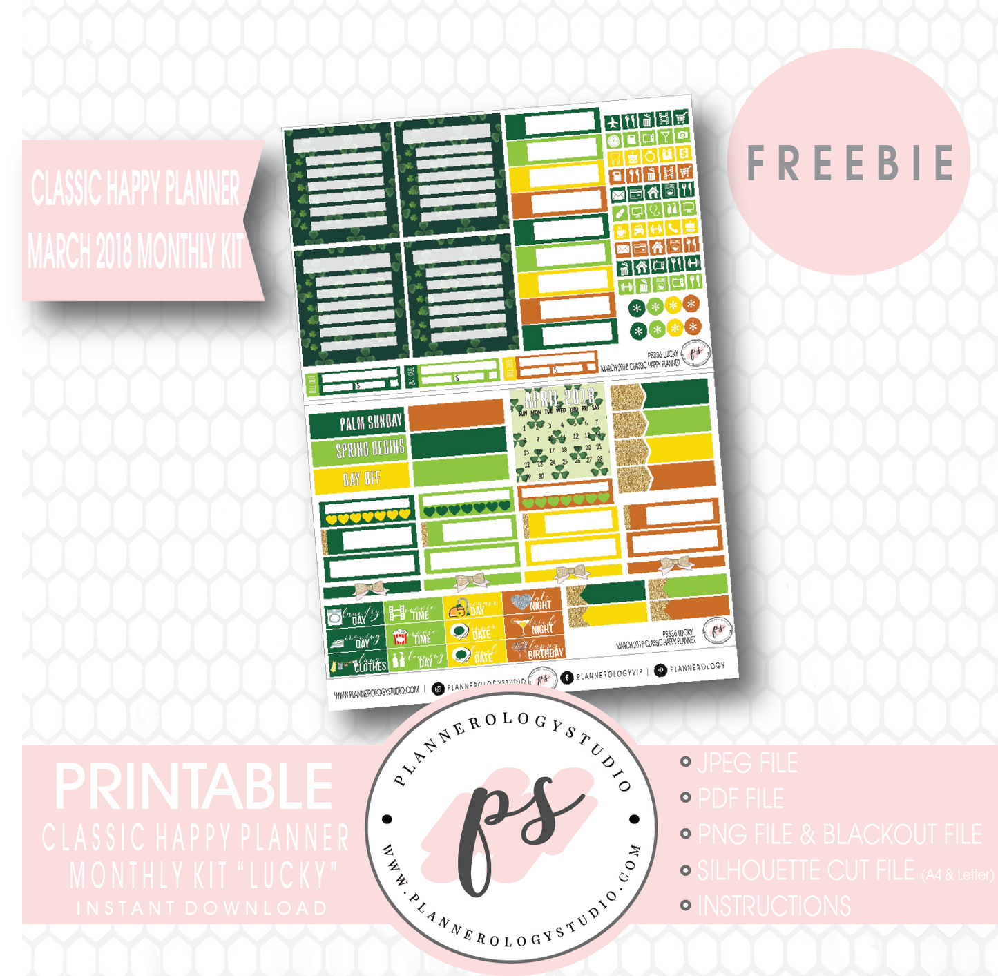 Lucky St Patrick's Day Classic Happy Planner March 2018 Monthly Kit Digital Printable Planner Stickers (PDF/JPG/PNG/Silhouette Cut File Freebie) - Plannerologystudio