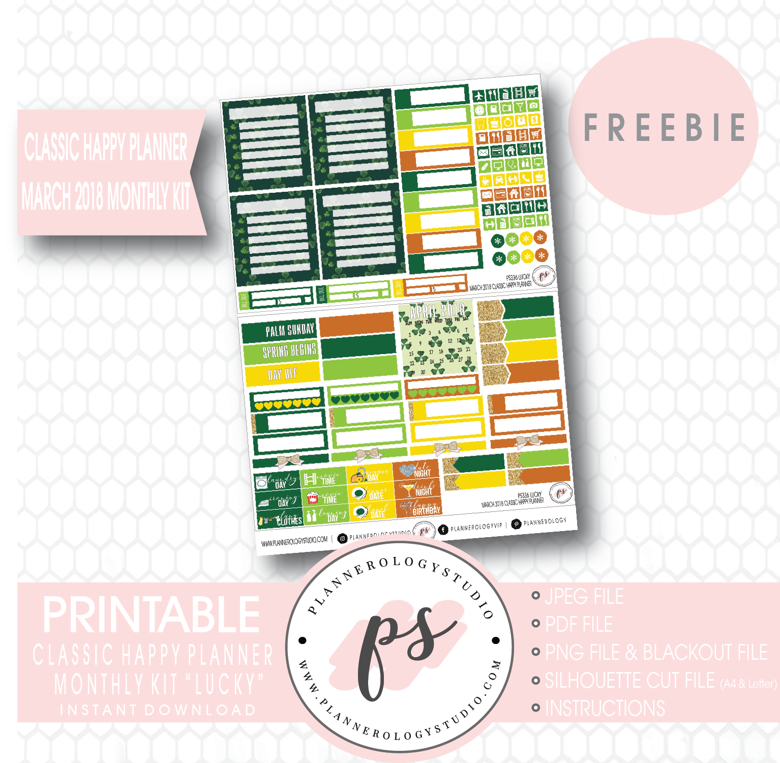 Lucky St Patrick's Day Classic Happy Planner March 2018 Monthly Kit Digital Printable Planner Stickers (PDF/JPG/PNG/Silhouette Cut File Freebie) - Plannerologystudio