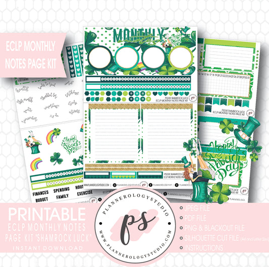 Shamrock Luck Monthly Notes Page Kit Digital Printable Planner Stickers (for use with ECLP) - Plannerologystudio