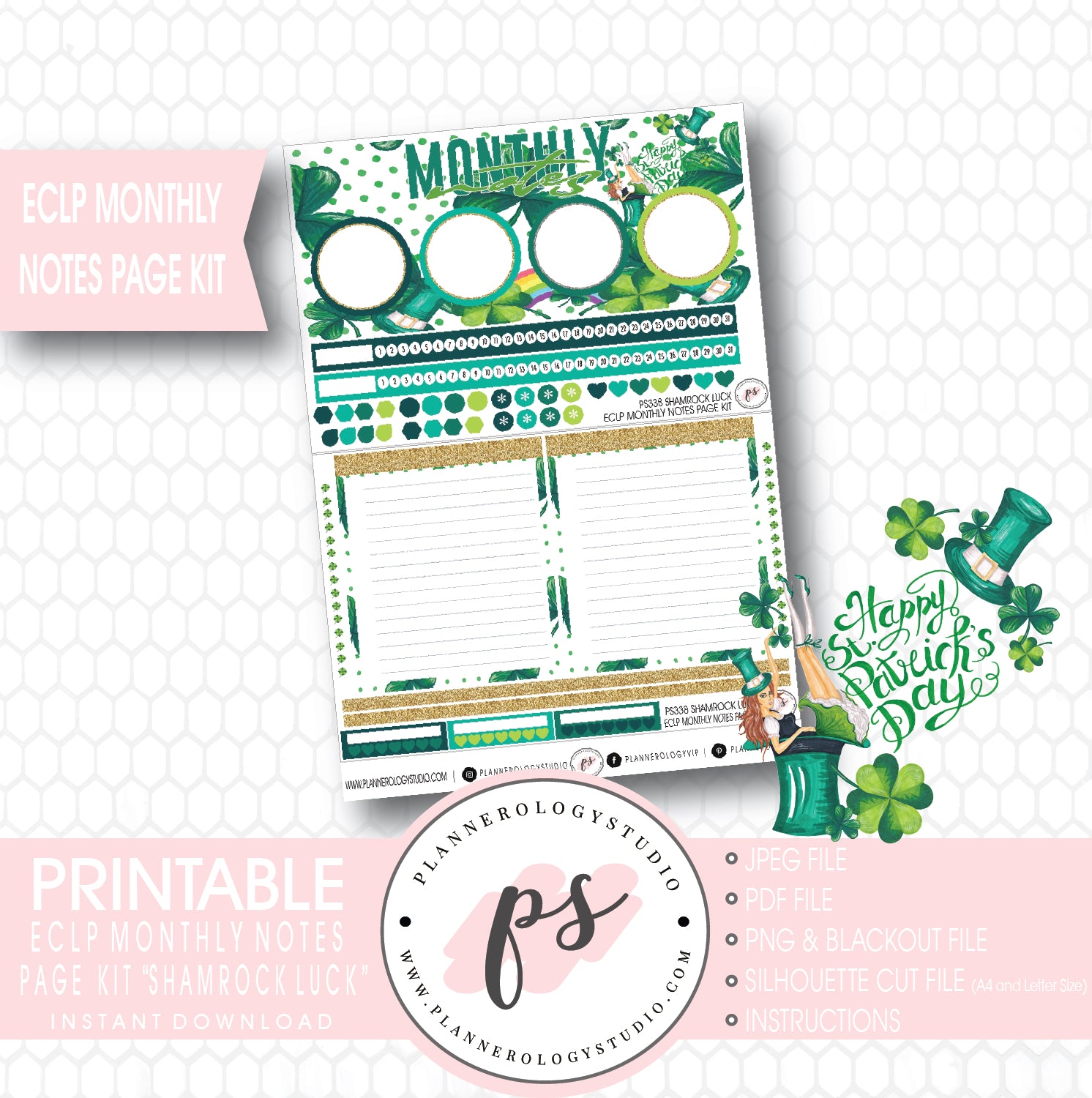 Shamrock Luck Monthly Notes Page Kit Digital Printable Planner Stickers (for use with ECLP) - Plannerologystudio