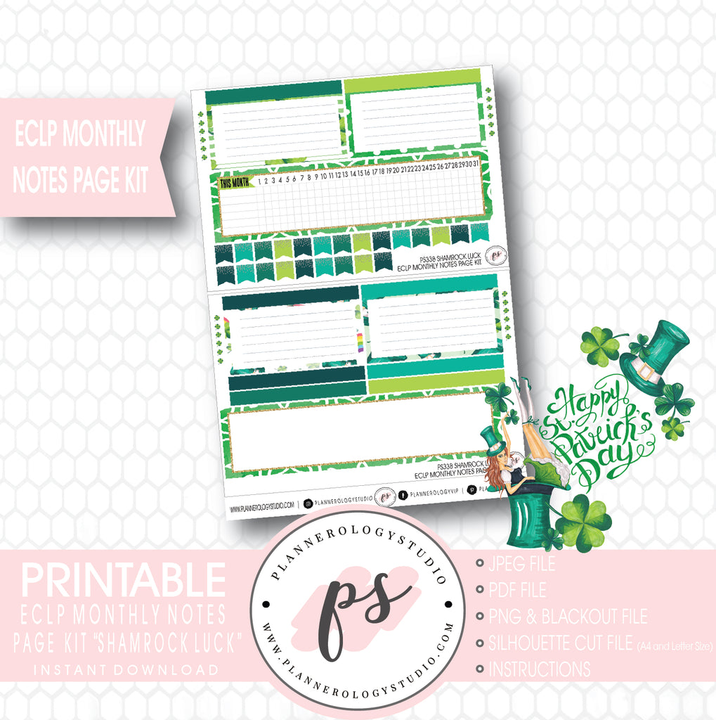 Shamrock Luck Monthly Notes Page Kit Digital Printable Planner Stickers (for use with ECLP) - Plannerologystudio