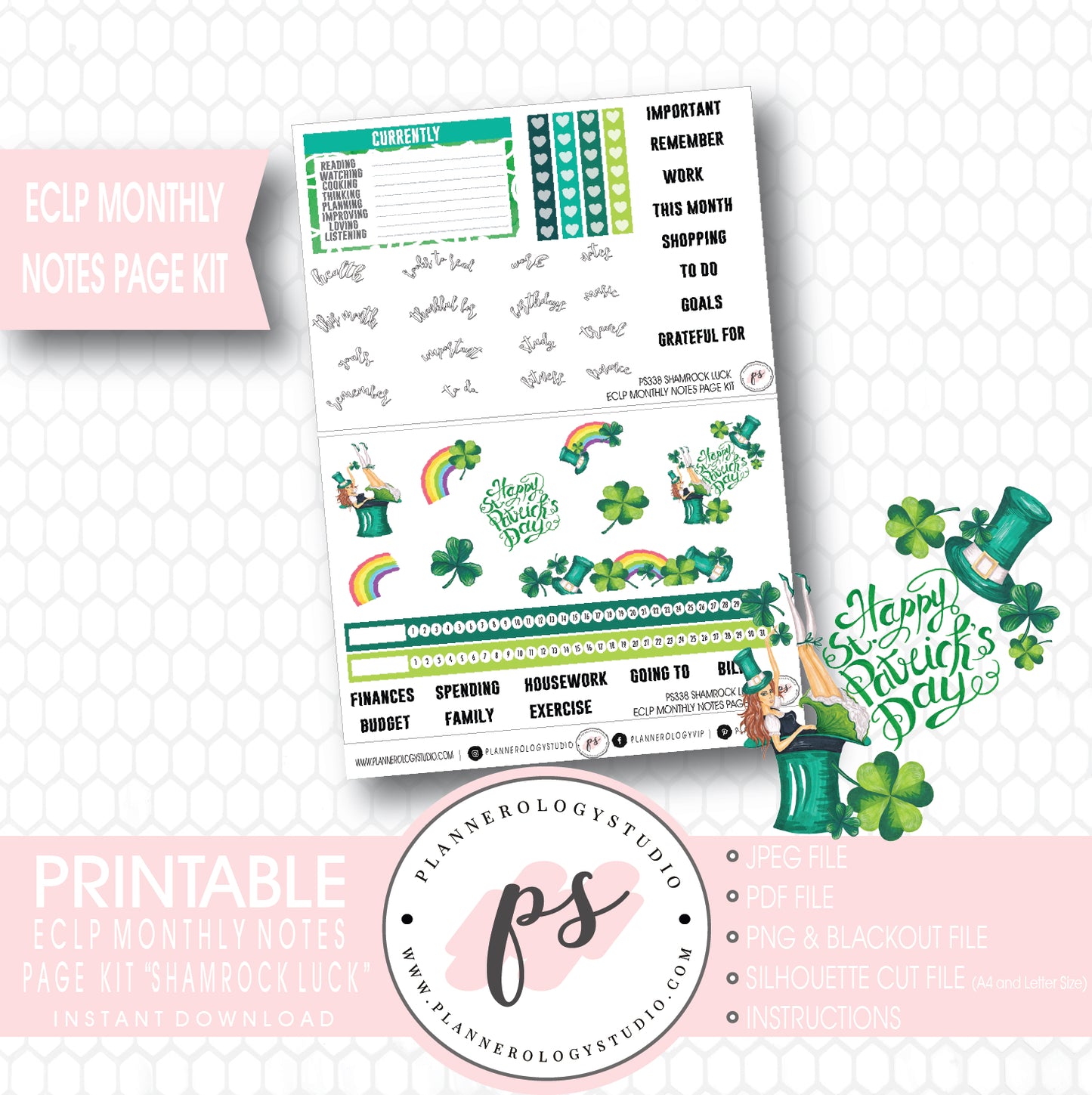 Shamrock Luck Monthly Notes Page Kit Digital Printable Planner Stickers (for use with ECLP) - Plannerologystudio