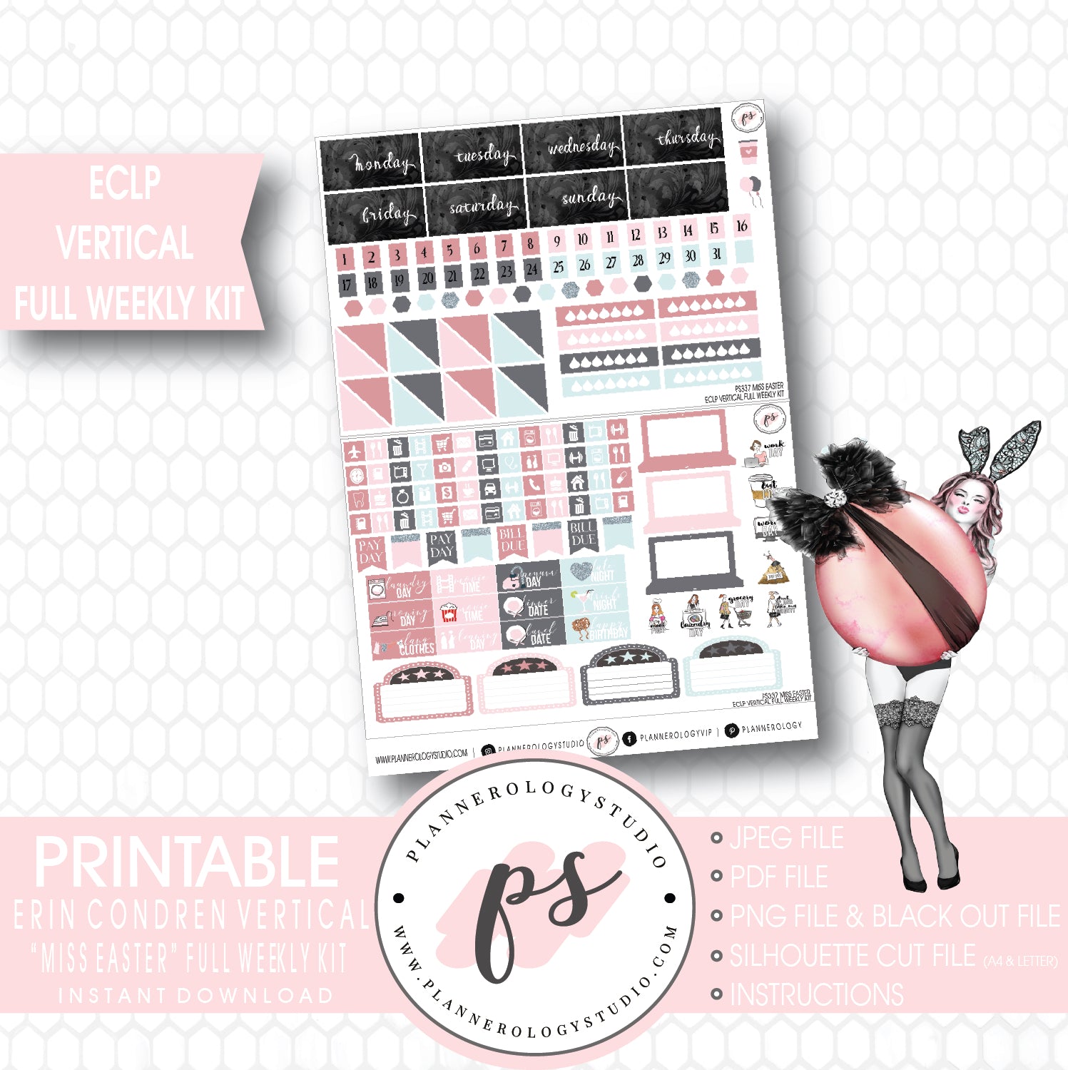 Miss Easter Full Weekly Kit Printable Planner Stickers (for use with ECLP Vertical) - Plannerologystudio