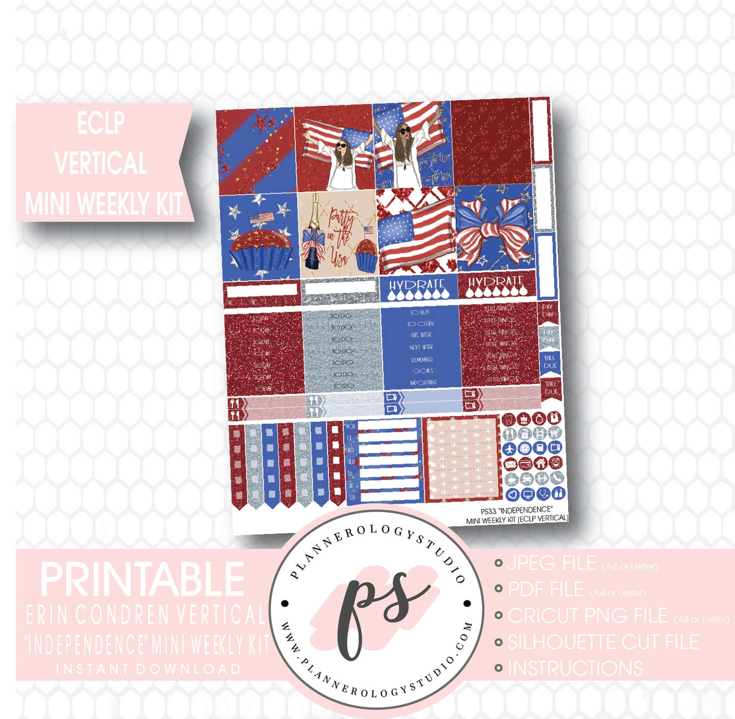 Independence (4th July) Mini Weekly Kit Printable Planner Stickers (for use with ECLP Vertical) - Plannerologystudio