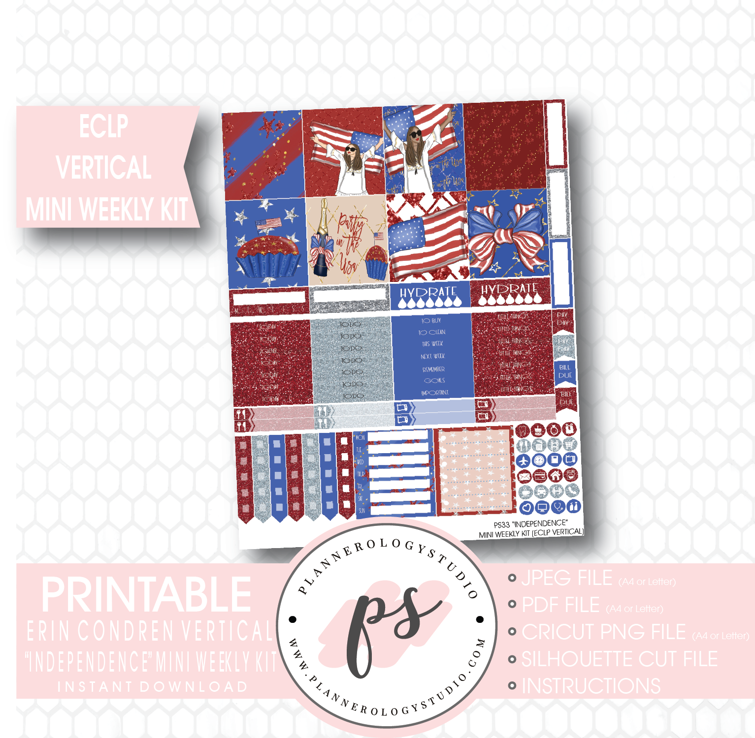 Independence (4th July) Mini Weekly Kit Printable Planner Stickers (for use with ECLP Vertical) - Plannerologystudio