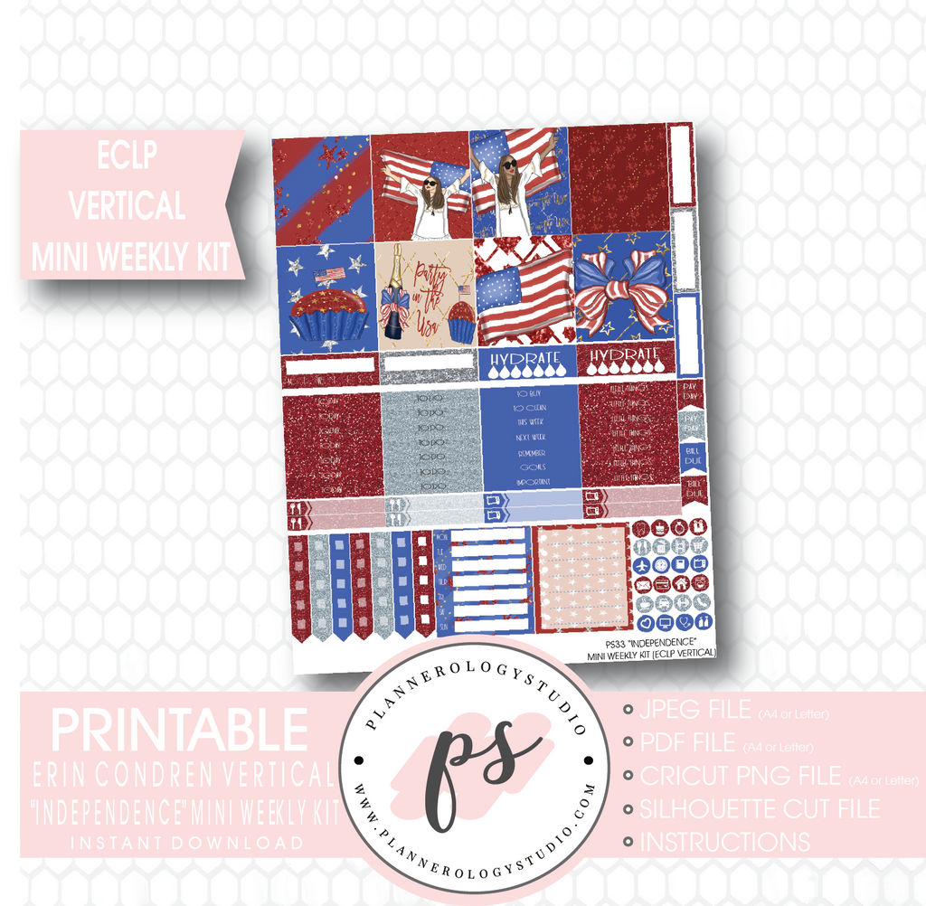 Independence (4th July) Mini Weekly Kit Printable Planner Stickers (for use with ECLP Vertical) - Plannerologystudio