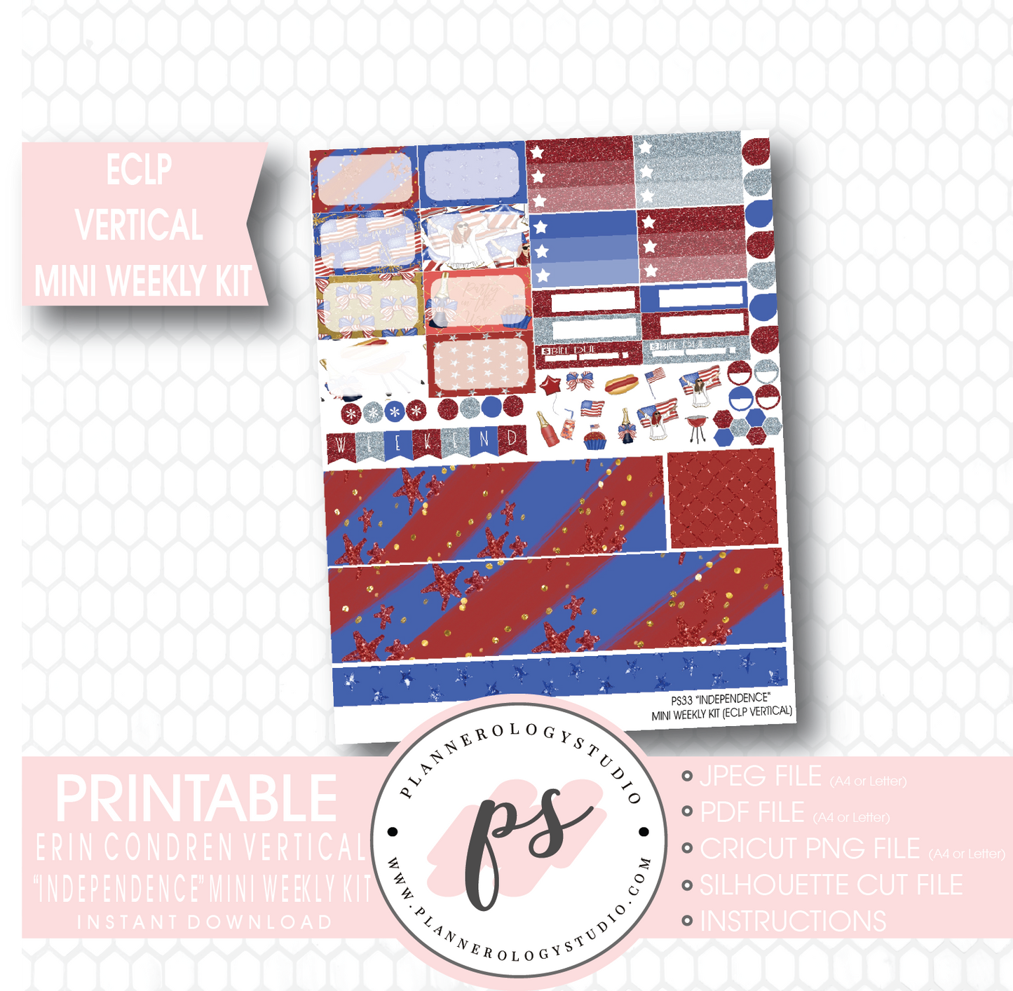 Independence (4th July) Mini Weekly Kit Printable Planner Stickers (for use with ECLP Vertical) - Plannerologystudio
