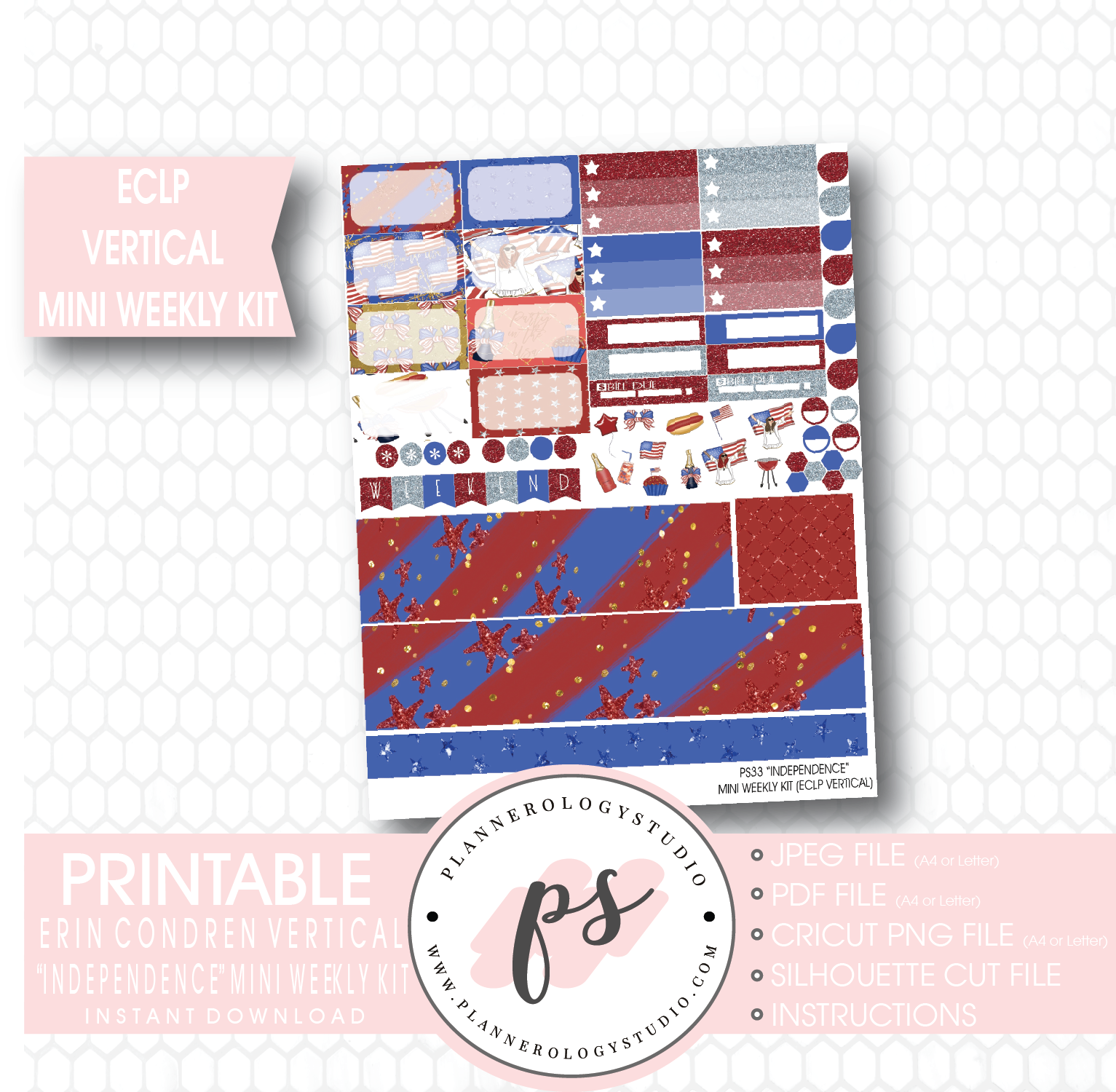 Independence (4th July) Mini Weekly Kit Printable Planner Stickers (for use with ECLP Vertical) - Plannerologystudio