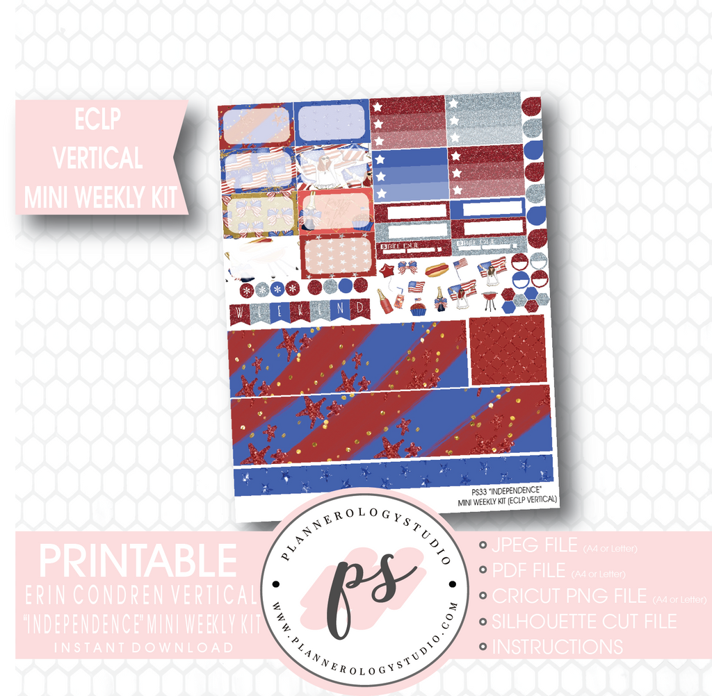 Independence (4th July) Mini Weekly Kit Printable Planner Stickers (for use with ECLP Vertical) - Plannerologystudio