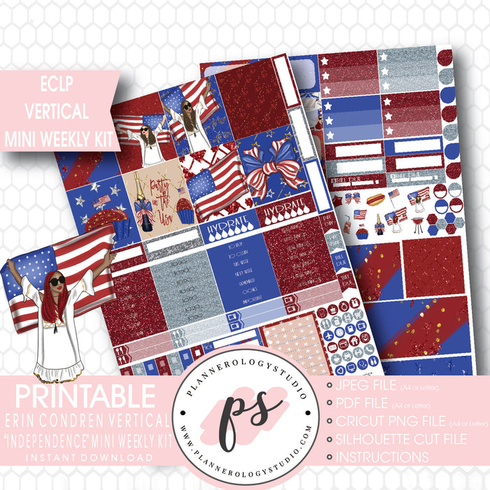 Independence (4th July) Mini Weekly Kit Printable Planner Stickers (for use with ECLP Vertical) - Plannerologystudio