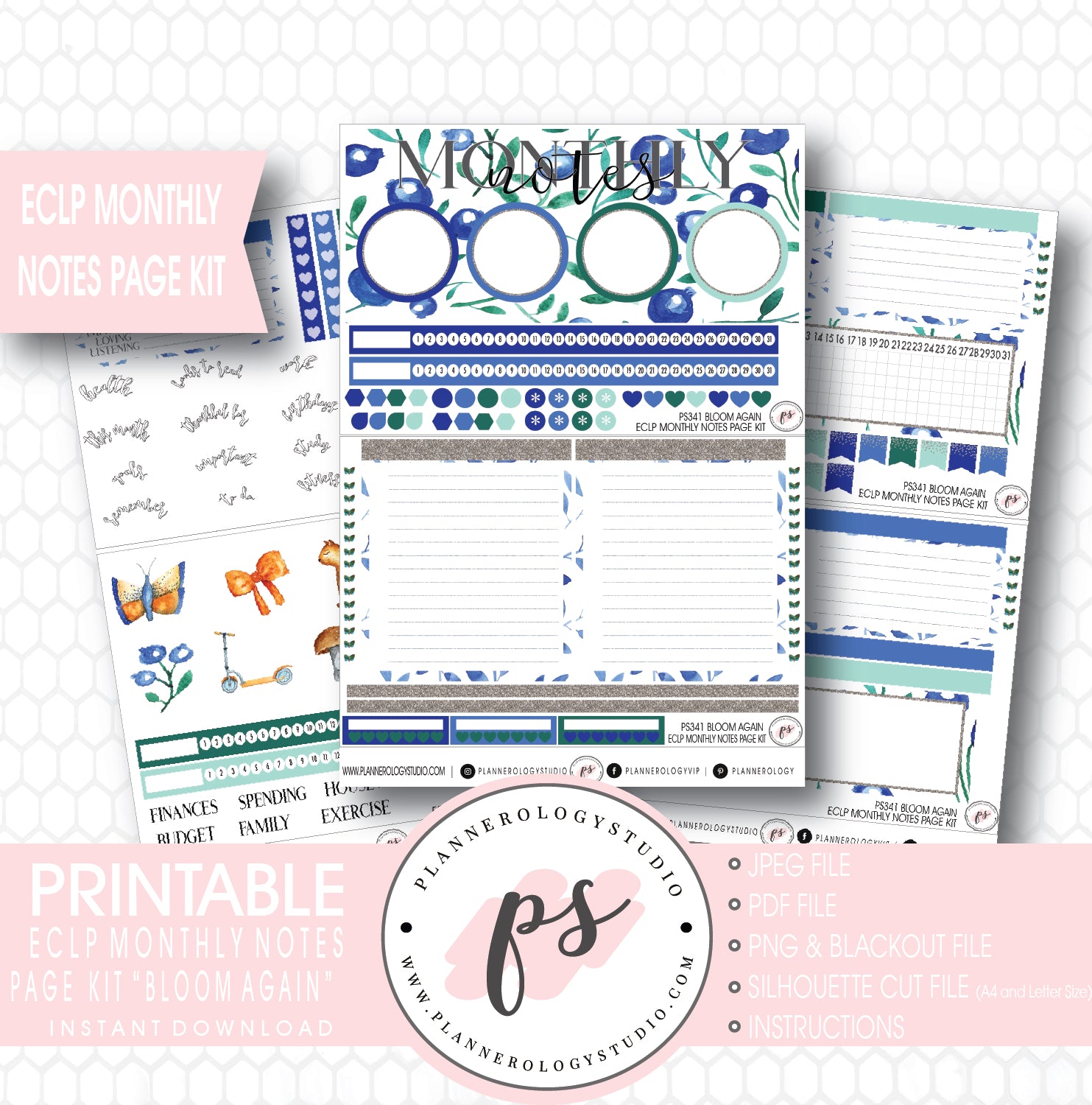 Bloom Again Monthly Notes Page Kit Digital Printable Planner Stickers (for use with ECLP) - Plannerologystudio